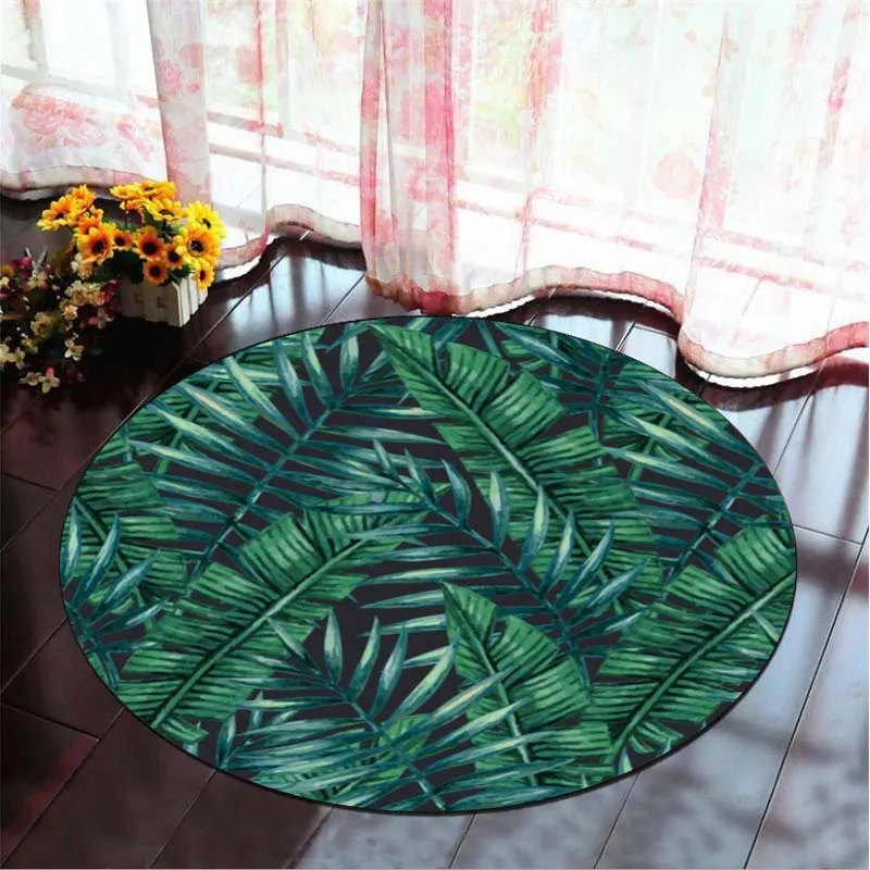 Tropical Palm Leaves Round Rug Green Plant Leaves Area Rug NonSlip