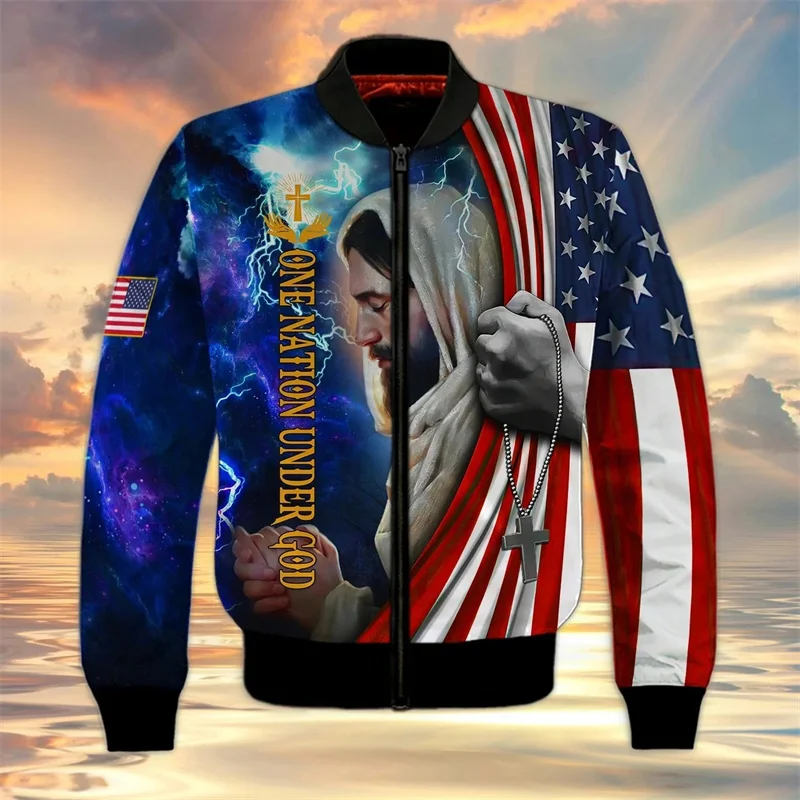 thumbnail image 1 of Chaqueta con estampado de Jesucristo para hombre, con bandera estadounidense de águila, estampada en 3D, de manga larga, informal, de gran tamaño, con cremallera, abrigo de calle, 1 of 4