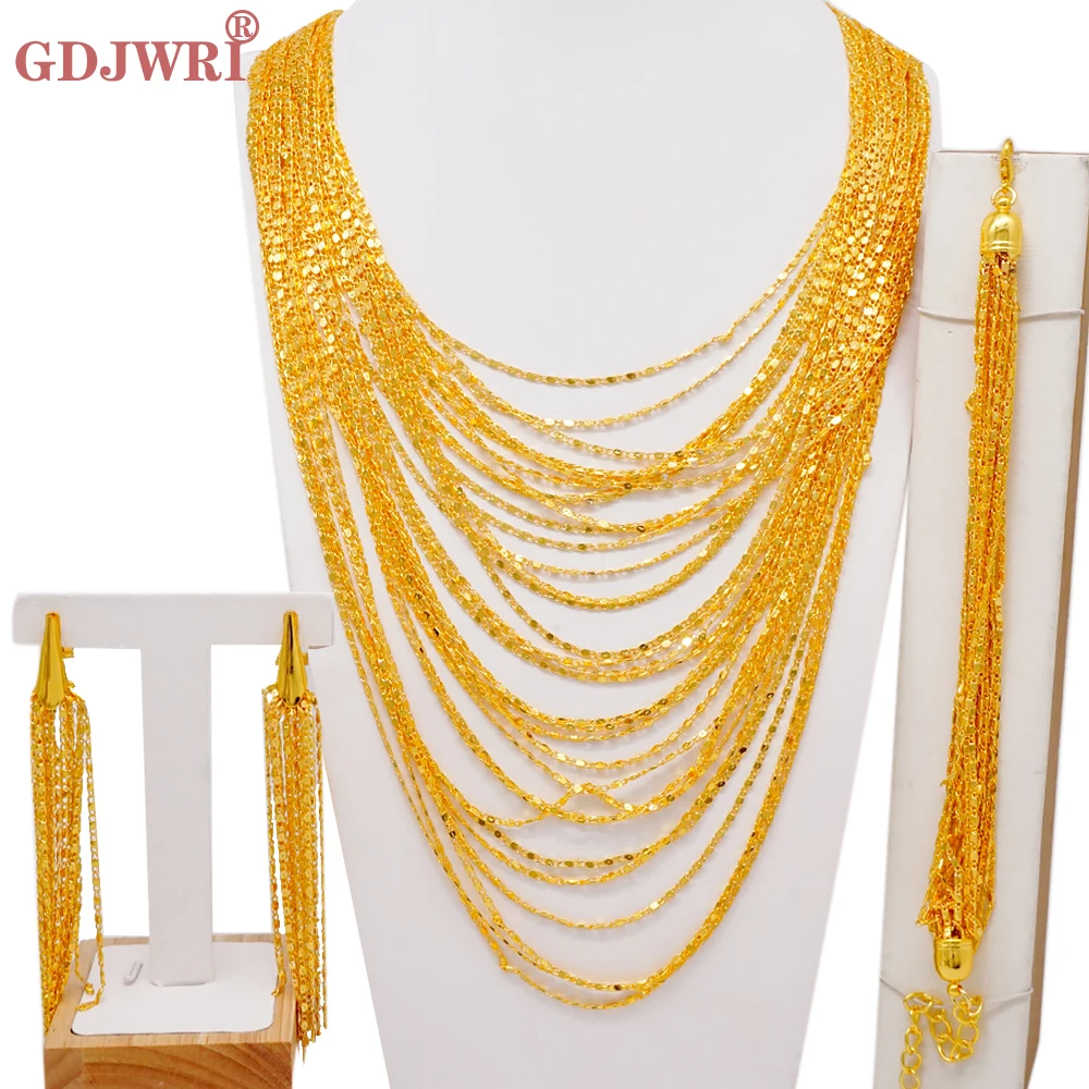 

Trend Dubai Gold Color Plated Jewelry Set For Women Indian Tassel Necklace Bracelet Earring Sets Nigeria Wedding Party Jewellry