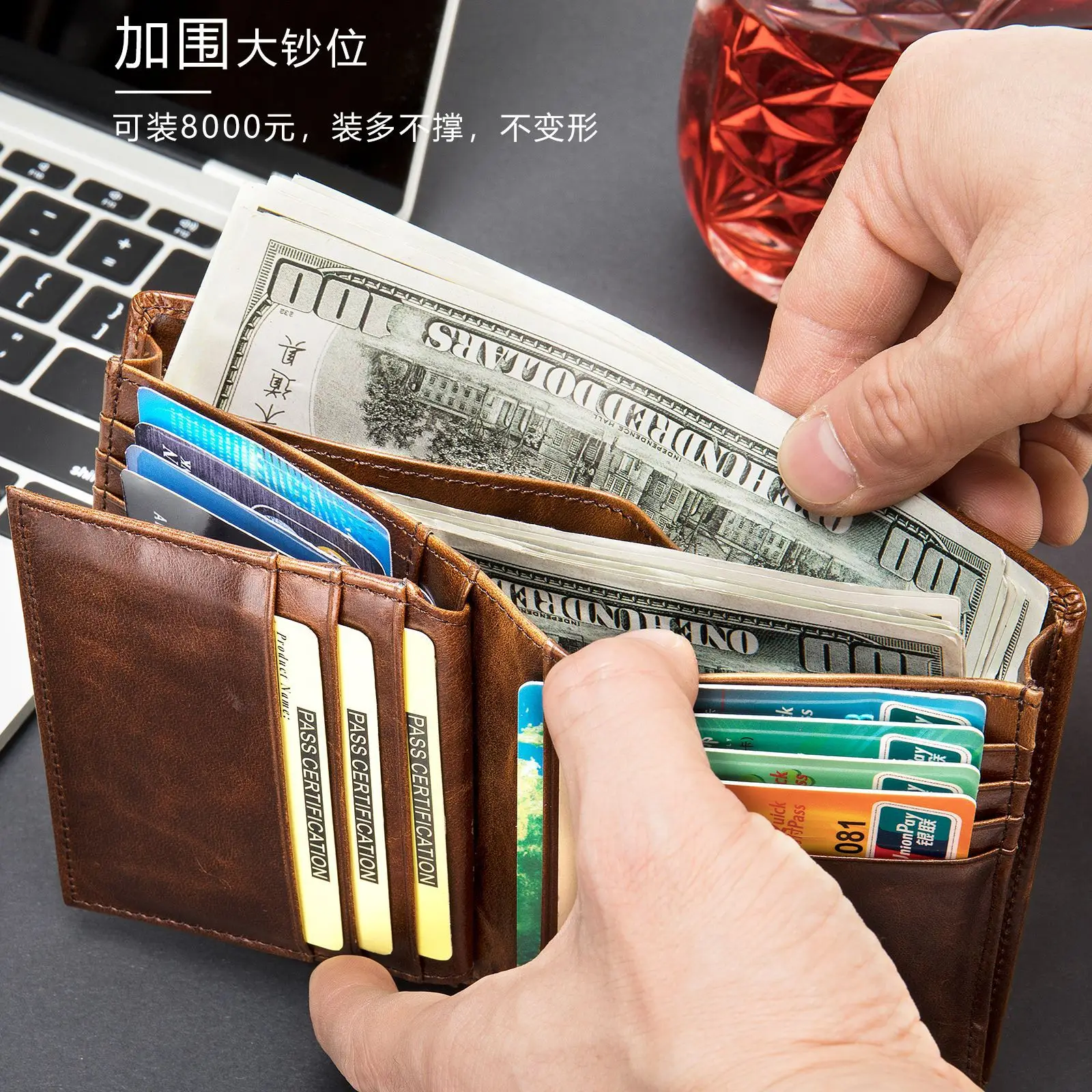 Men's Wallet RFID-Blocking Genuine Leather Bifold Wallet with Flip ID Window Black Brown Large Capacity