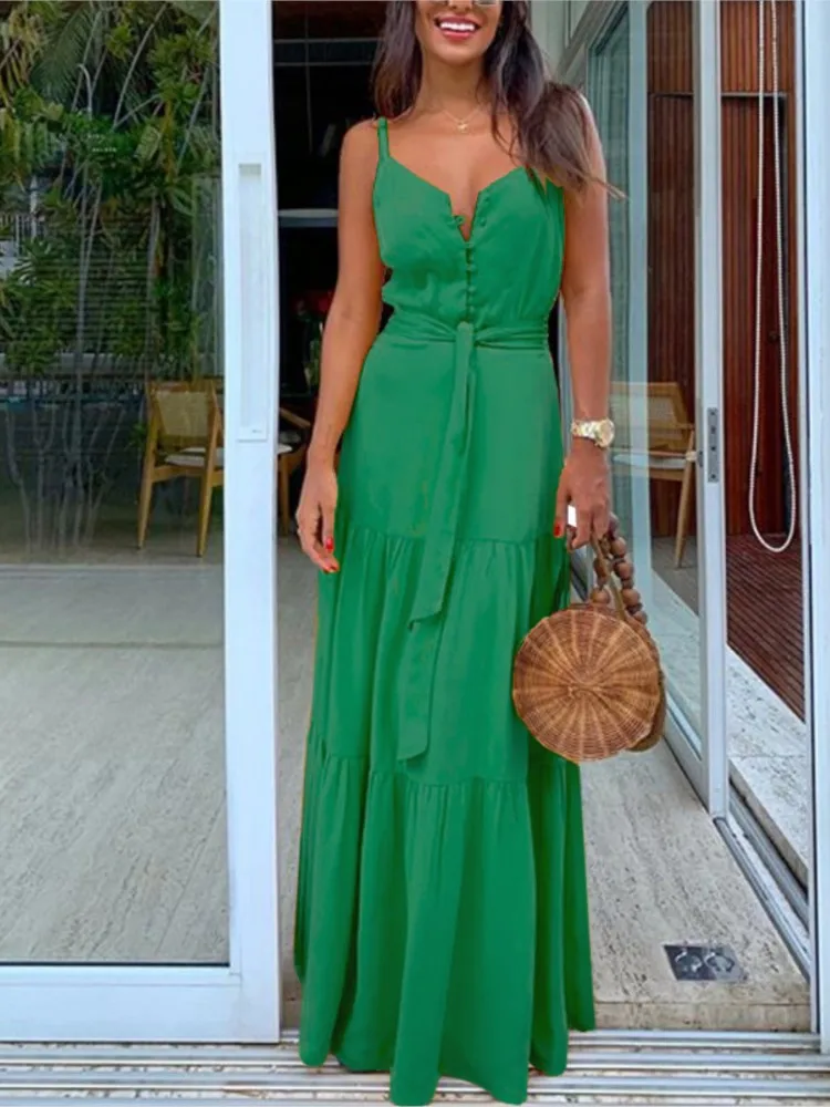 Summer Spaghetti Strap Long Dress Bohemian Style Casual Vacation Maxi Beach Dresses For Women Fashion Elegant Lady Robe Vestidos
