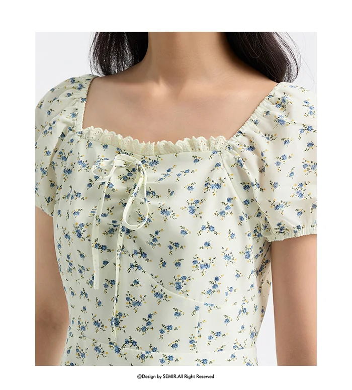Vestido de mujer con mangas abullonadas y estampado floral de gasa Mori, nuevo vestido de verano con escote cuadrado y cintura corta, divertido