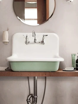 อ่างล้างหน้าแบบแขวนผนัง เหล็กหล่อเคลือบ สำหรับล้างจาน ล้างมือ ล้างหน้า สไตล์เรโทร แบบฝังผนัง แบบคู่ 1