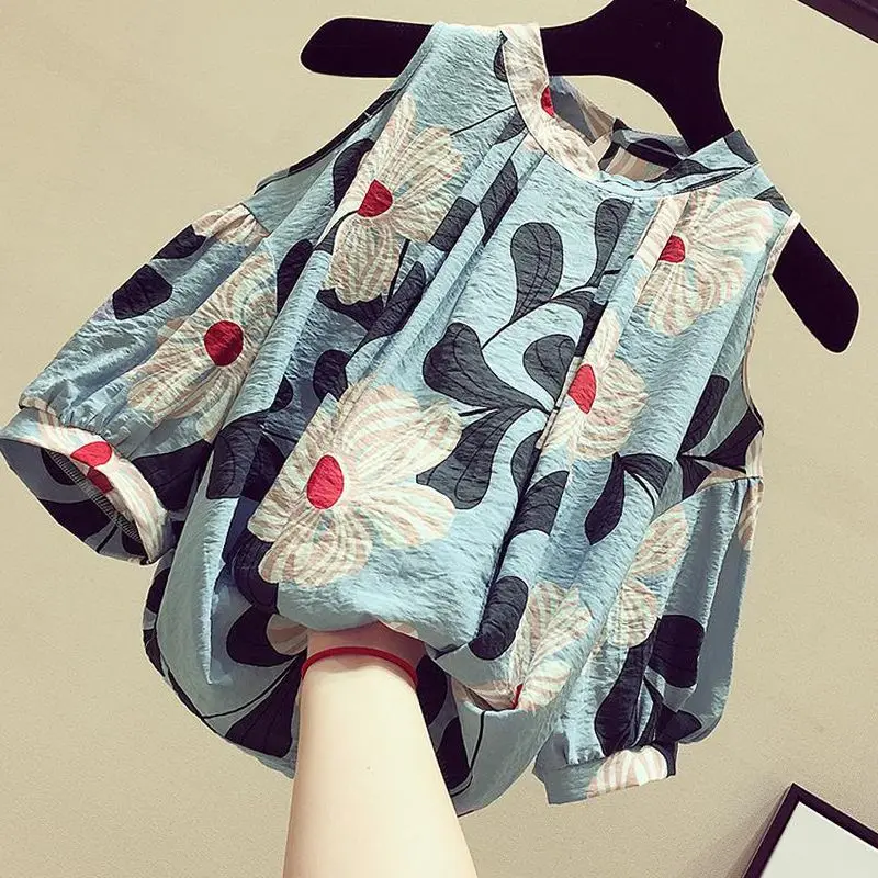 Fashion O-Neck Printed Hollow Out Off Shoulder Blouse Women Clothing 2023 Spring New Oversized Casual Pullovers All-match Shirt