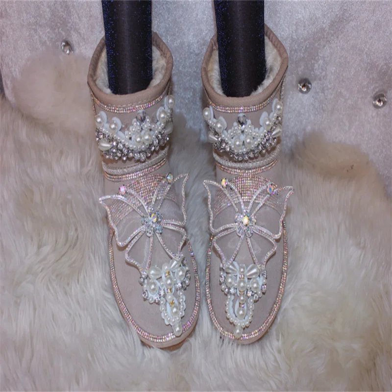 

Butterfly decoration Hand custom winter plus fleece warm boots Pearl rhine-diamond fur one-piece boots women's 35-40