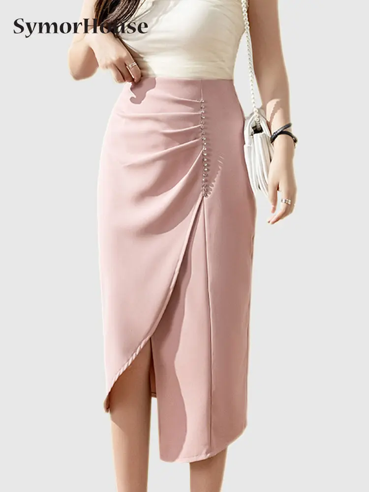 

Spring Summer Women's Pencil Skirts Elegant High Waist Office Lady Package Hips Slim Folds Split Midi Skirts Female Black Pink