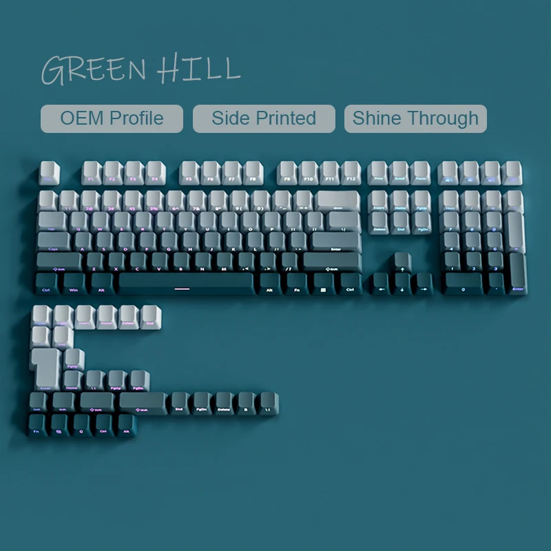 Gradient Green Shine Through Keycaps - PBT Double Shot Side Printed, OEM Profile for Gaming Keyboards (135 Keys)