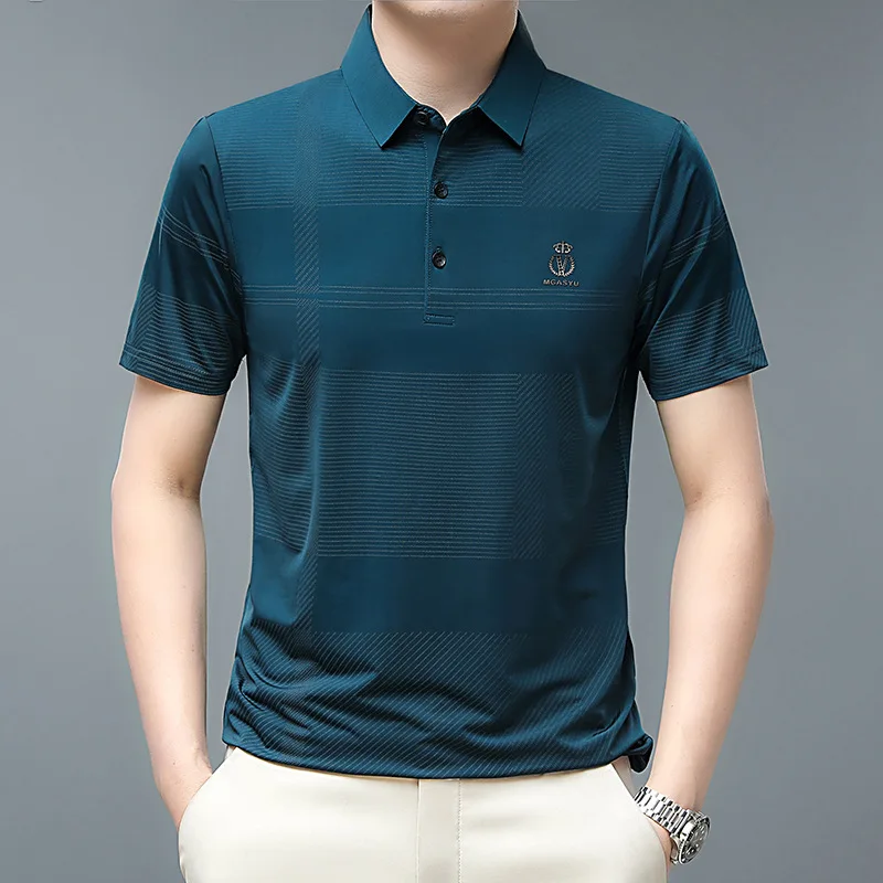 

2023 New Men's Polo Shirt Summer Slim Fit Short Sleeve Tshirt Mesh Breathable Business Lapel Tops Fashion Striped Man Clothing