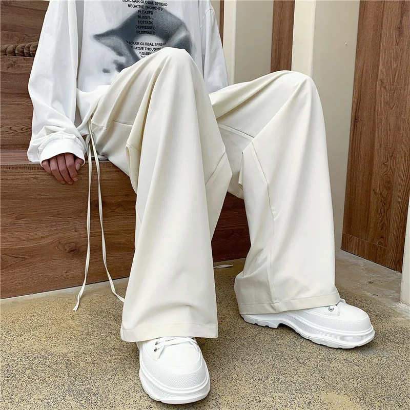 Korean Vintage Design Lace Up Suit Pants for Men's Spring Summer Straight Leg Wide Leg Casual Baggy Pants Street Men Clothing
