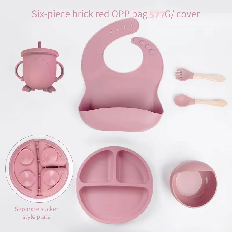 Food Grade Silicone Feeding Set Drop Resistant Suction Cup Integrated Divider Plate Bowl Fork Spoon Bib Cup Auxiliary Food Bowl 6 PCS silicone feeding set