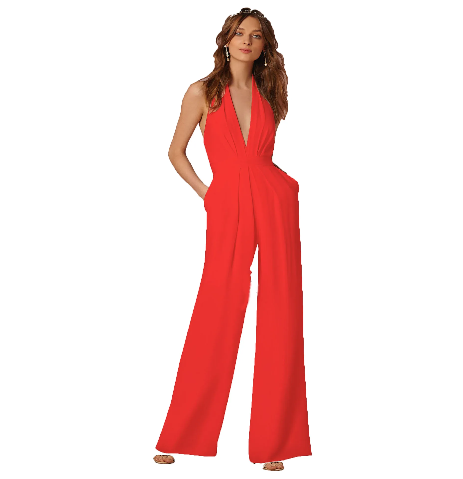Jumpsuits Women Sexy Playsuits Deep V-neck Sleeveless Halter Neck Backless High Waist Wide Leg Jumpsuit Elegant Party Banquet