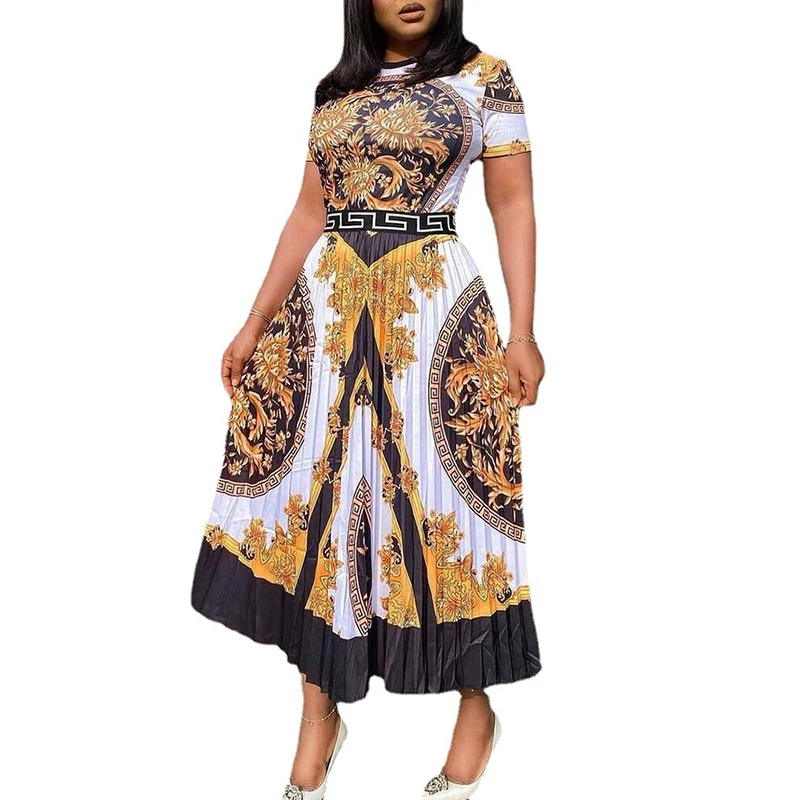 Africa Clothing Vintage Pleated Print High Waist A Line African Dresses For Women Traditional Robe Africaine Femme Vestidos 2023