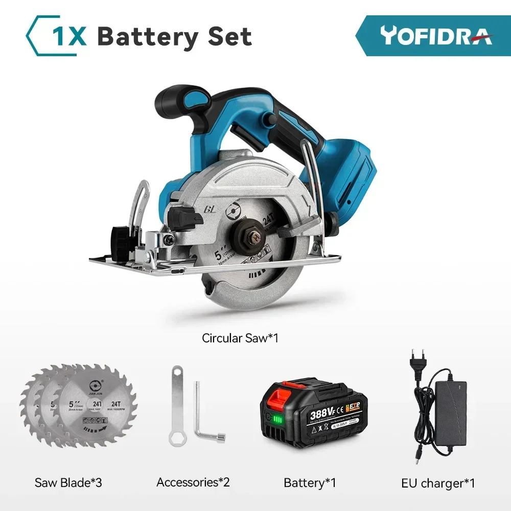 Sierras circulares eléctricas sin escobillas Yofidra de 5 pulgadas y 125 mm con ajuste para carpintería, herramienta de corte eléctrica para batería Makita de 18 V
