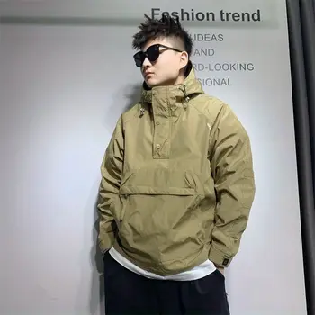 Outdoor Youth Spring Autumn Knit Jacket Hood Men's Workwear Big Pocket Combat Jacket Leisure Loose Pullover Windbreaker Coat 1