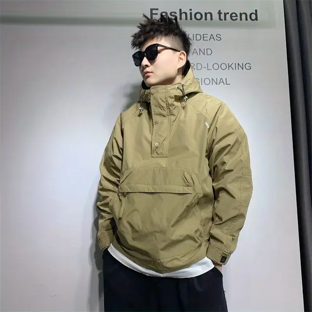 Outdoor Youth Spring Autumn Knit Jacket Hood Men's Workwear Big Pocket Combat Jacket Leisure Loose Pullover Windbreaker Coat 1