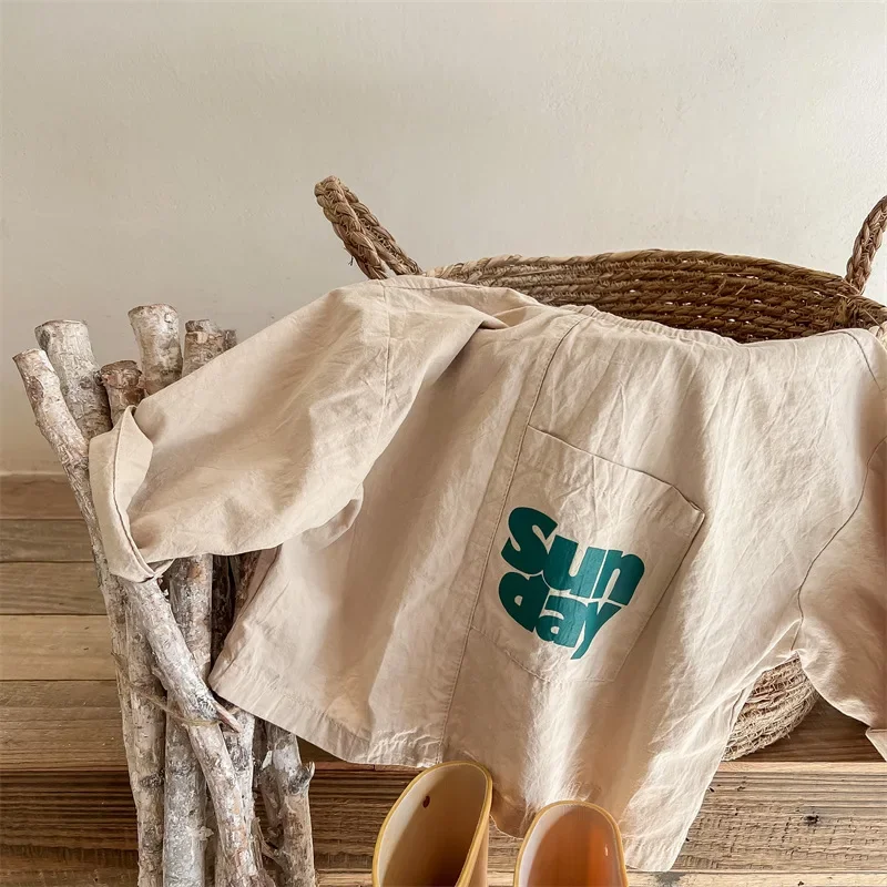 Clearance 110cm 1099B Children Clothes Letter Print Shirt Hemp Cotton Baby Girl Shirt Letter Print Pockets Casual Tops