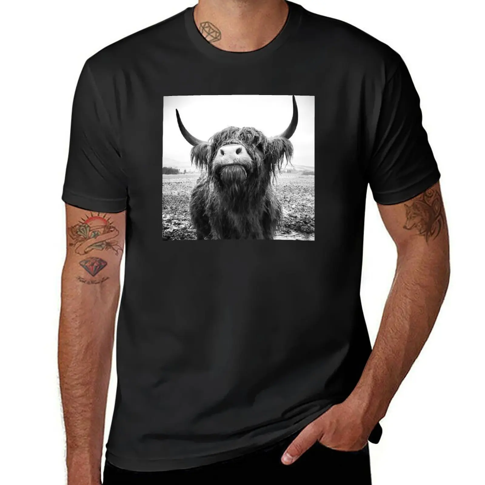 Highland Cow cattle Black and White T-Shirt cute tops animal prinfor boys fitted t shirts for men