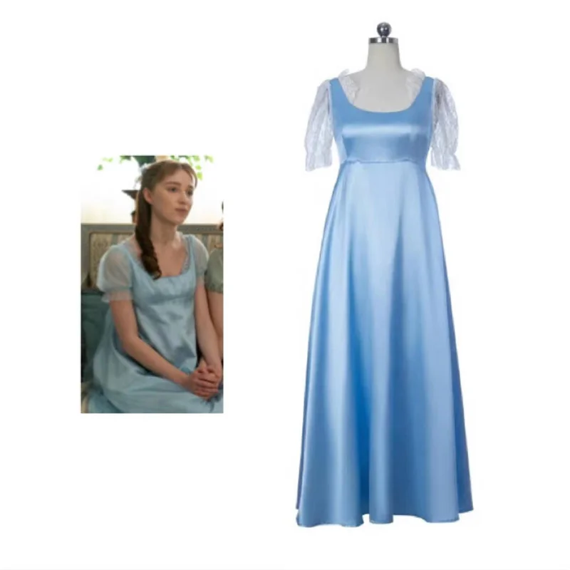 

Daphne Cosplay Costume Regency Era Ball Gown Blue Satin Dress Jane Austen Costume Dress Regency Empire Waist Gown