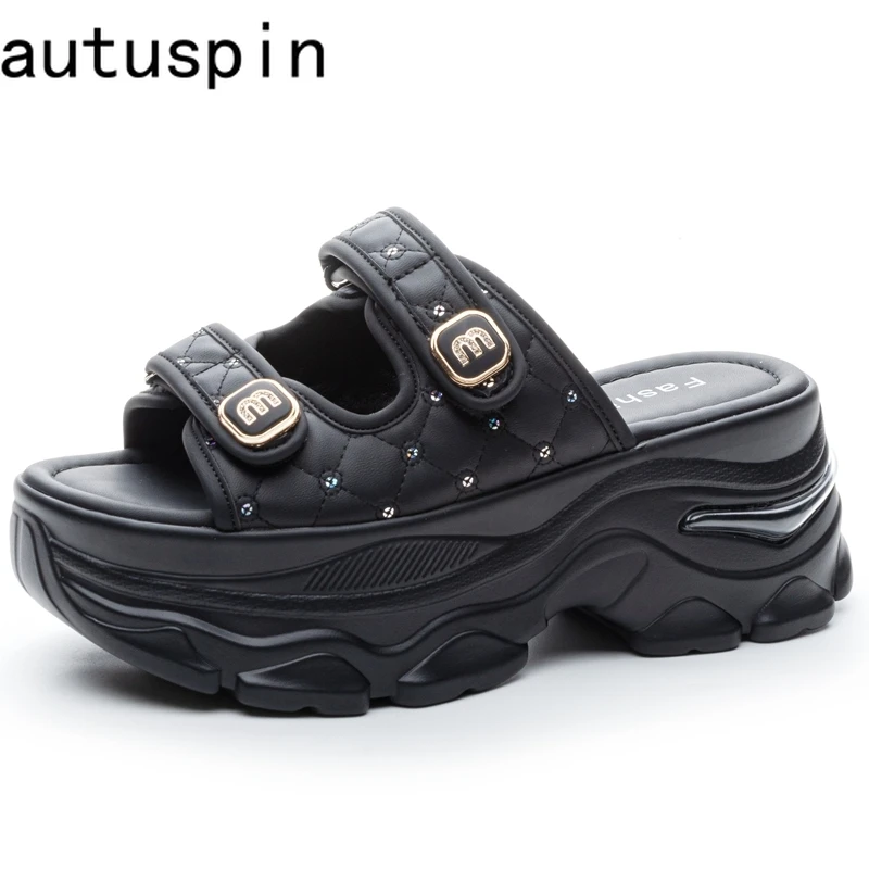 AUTUSPIN 7cm Chunky High Heels Women Summer 2025 New Design Crystal Letter Decoration Sandals Fashion Platform Woman Slippers