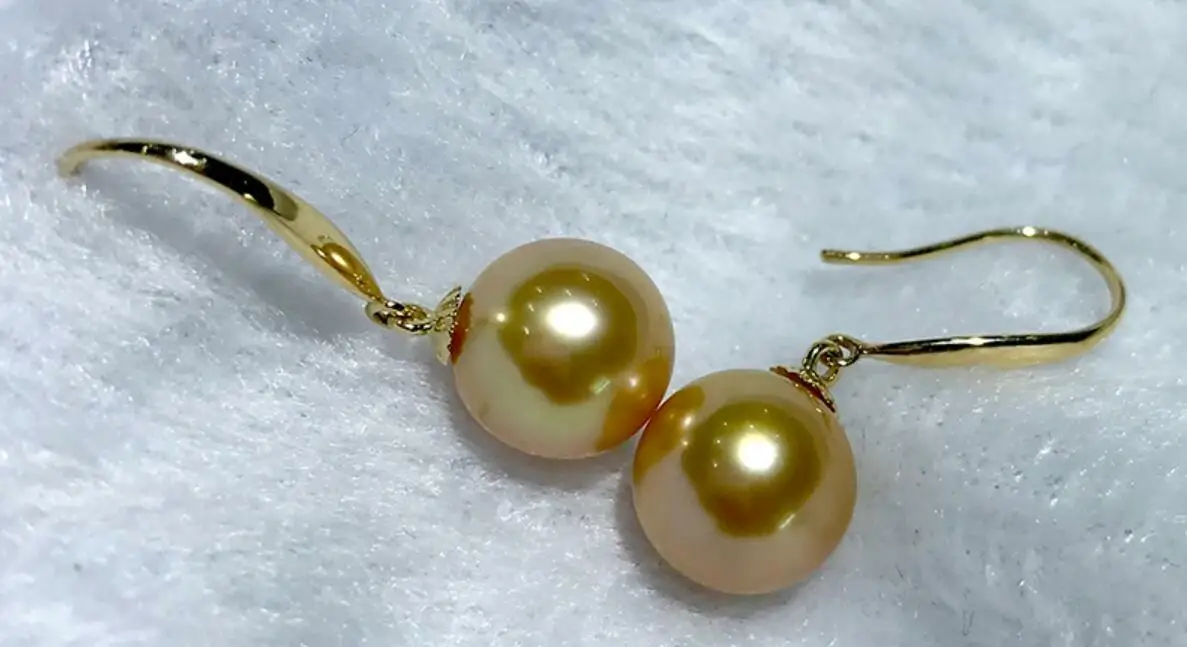 AAAAA gorgeous huge 9-10mm round South China Sea golden pearl earrings 14K gold