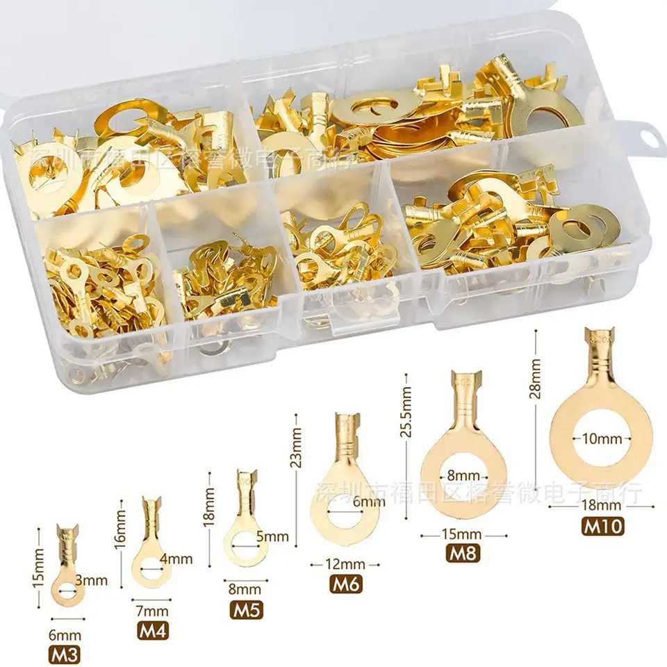150pcs Insulated Brass Ring Crimp Terminals Wire Connectors Spade Electrical Kit M3 M4 M5 M6 M8 M10 Cable Lugs Set image 4