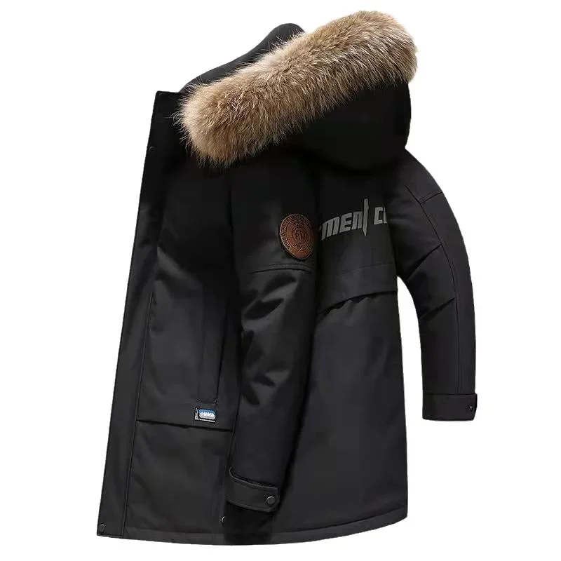 High End Down Jacket Men's Mid Length Winter New Thickened Parka with Hat and Large Fur Collar Winter Jacket