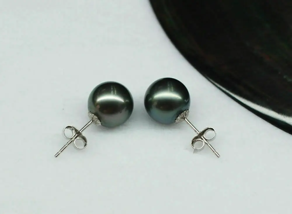 New 7-8mm AAA Black Green Round Natural Tahiti Pearl Earrings 14k wHITE Gold Earrings