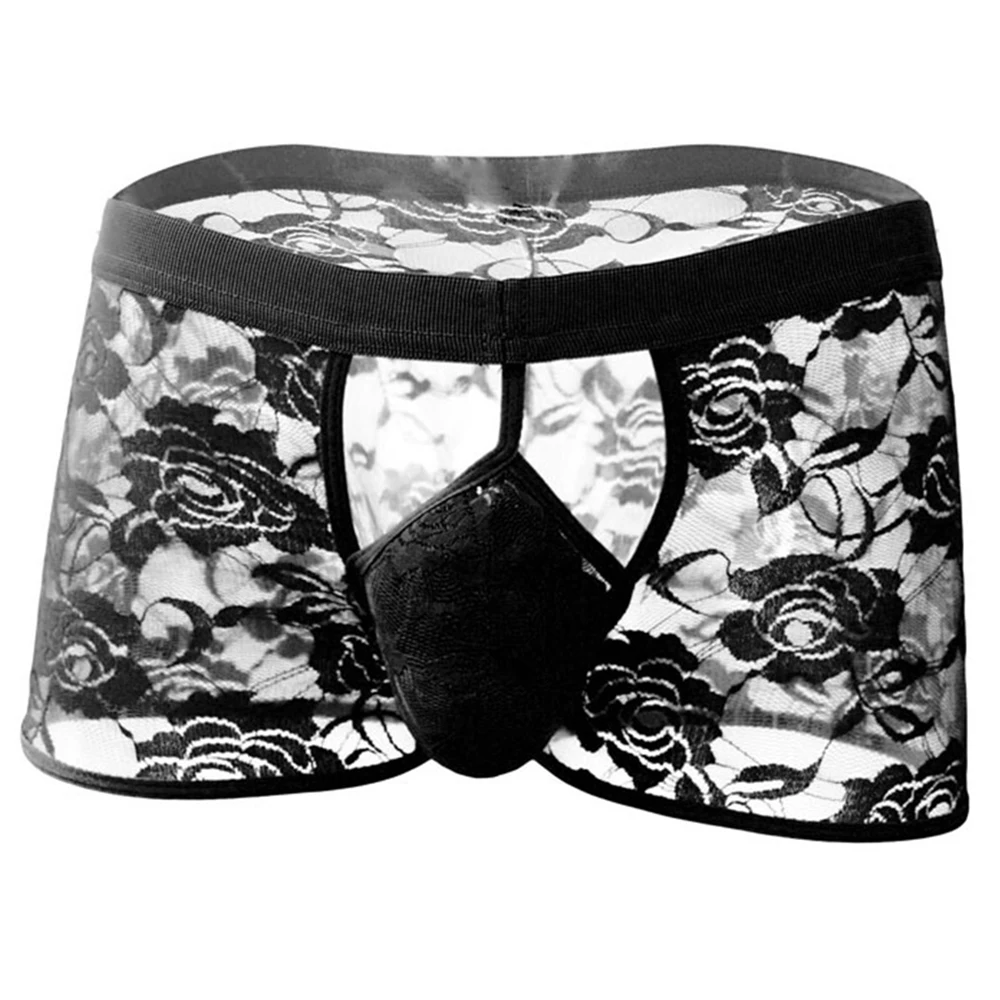 

Men Sissy Floral Lace Boxers Underwear Men's Panties Sexy See-through Lace Open Crotch Boxer Shorts Erotic Lingerie Underpants