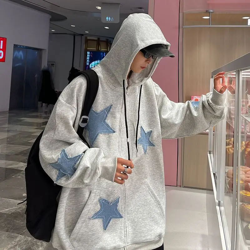 Autumn Star Patch Zip Up Hoodie for Men Oversized Y2k Streetwear Zipper  Sweatshirt Jacket Casual Gothic Print Hooded Sweatshirts - AliExpress