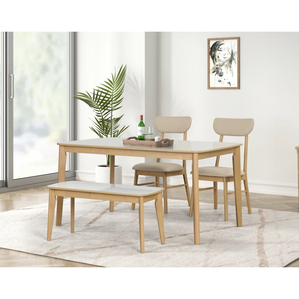 6-piece Dining Table Set, One Table One Bench and Four Chairs, High Gloss White Tabletop With Light Oak Color 6