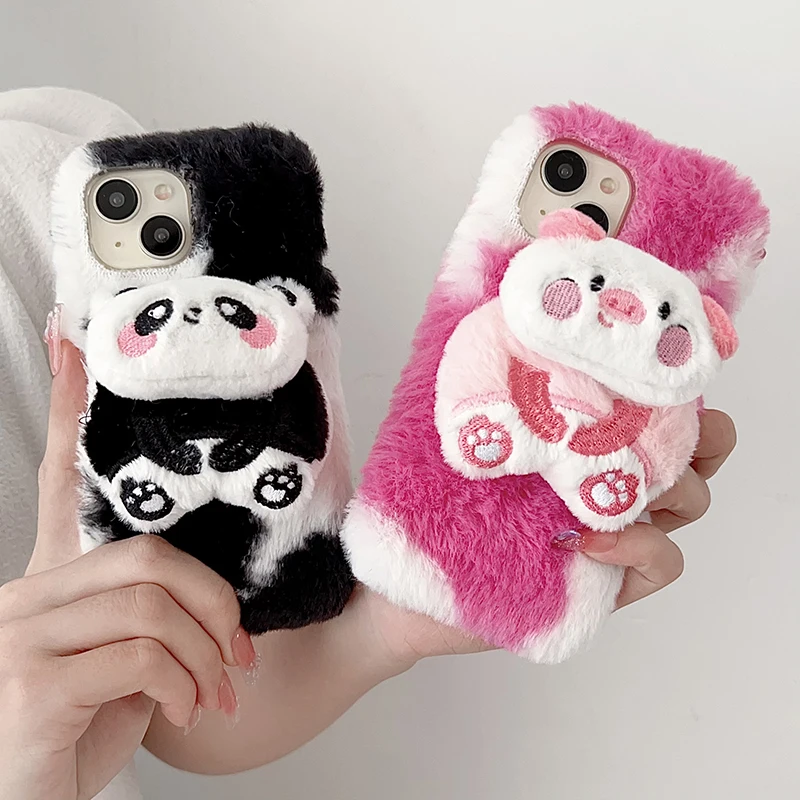 Cute 3D Panda Pig Furry Cover Per Iphone 15 14 13 12 11 Pro Max 15 Plus Winter Warm Plush Soft Phone Case Per Iphone 15 Pro Max