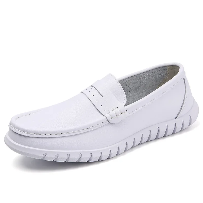 2025 Spring New White Men Casual Shoes Soft Leather Comfortable Doctor Nurse Work Flats Business Loafers Men Designer Shoes 5
