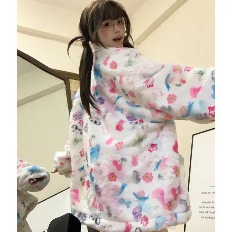 

Winter Furry Parkas Women Dog Cartoon Printed Loose Casual Korean Outerwear Coats Female Thick Warm Pocket Lolita Kawaii Jackets