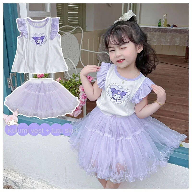 

MINISO Kawaii Cartoon Sanrio Hello kitty My Melody Kuromi Girls' Short Sleeve Top Mesh Tutu Skirt T-shirt Mesh Princess Dress