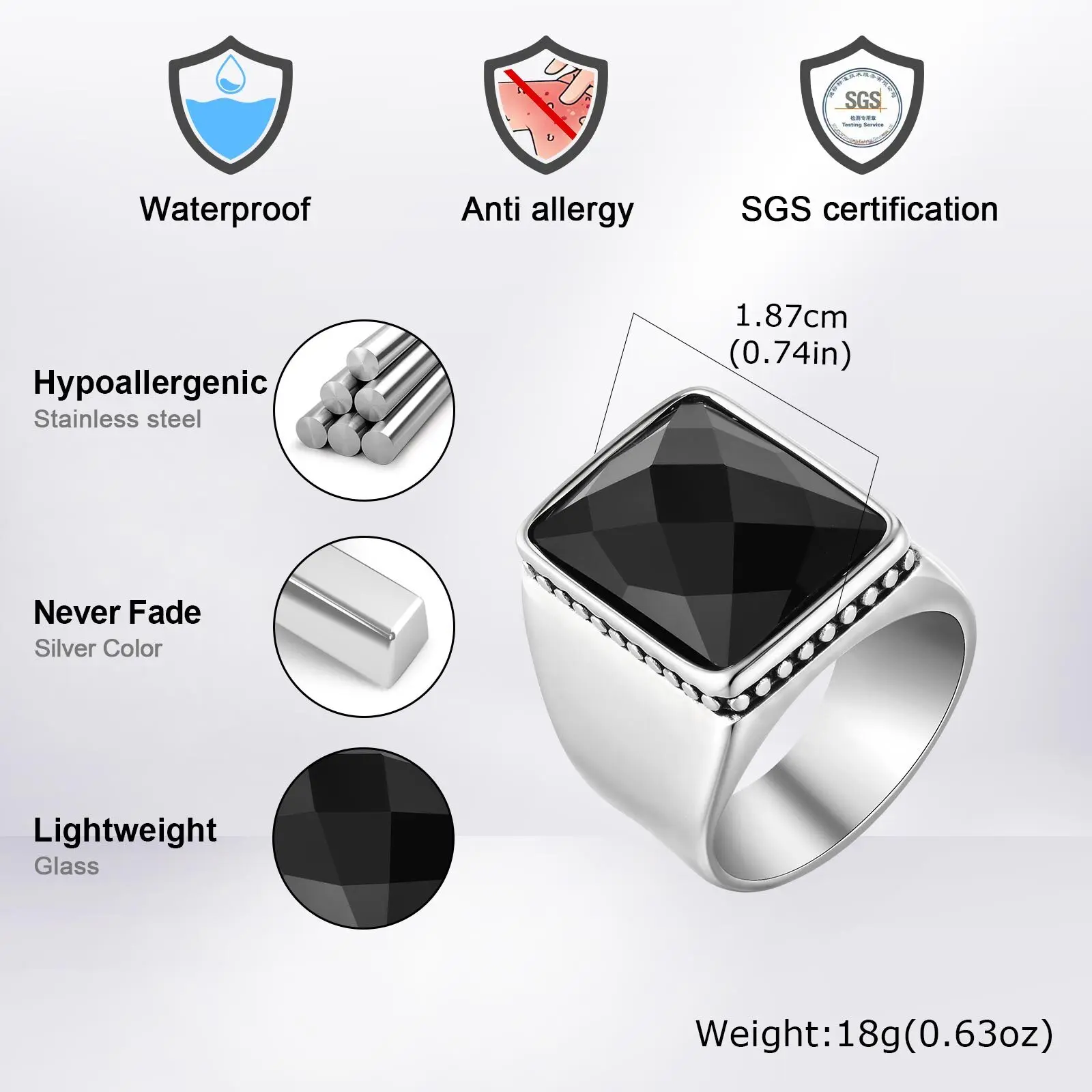 Black Square Ring for Men Boys,Waterproof Stainless Steel Signet Ring,Punk Ethnic Jewelry Gift