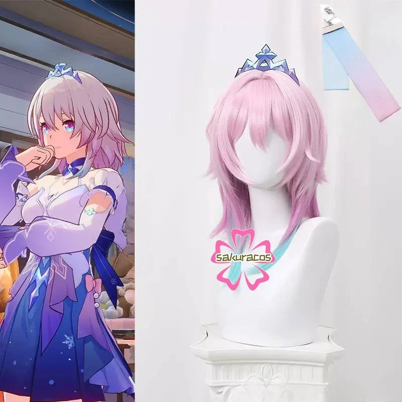 March 7th Wig Cosplay Honkai: Star Rail Cosplay Wig 50cm Pink Blue Gradient Heat Resistant Anime Hair Halloween Role Play Gift