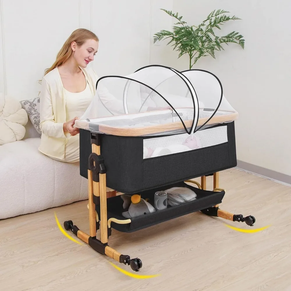 Baby Bassinet, 3 in 1 Bedside Crib for Newborn, 6 Height Adjustable  Easy Folding & with Mosquito Net & Storage Basket & Wheels 3