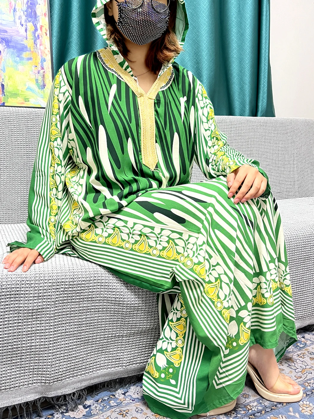 Muslim Abayas Ramadan Sets Women's Prayer Garment Printed Cotton Loose Jilbab African IslamDubai Long Sleeves Dresses With Hat