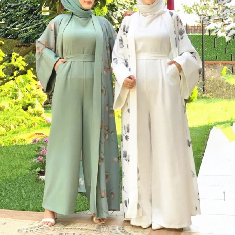 

Wepbel Open Abaya Women Muslim Cardigan Dress DUBAI Turkish Robe Solid Color Jumpsuit Ramadan Islamic Clothing Robe Dress Romper