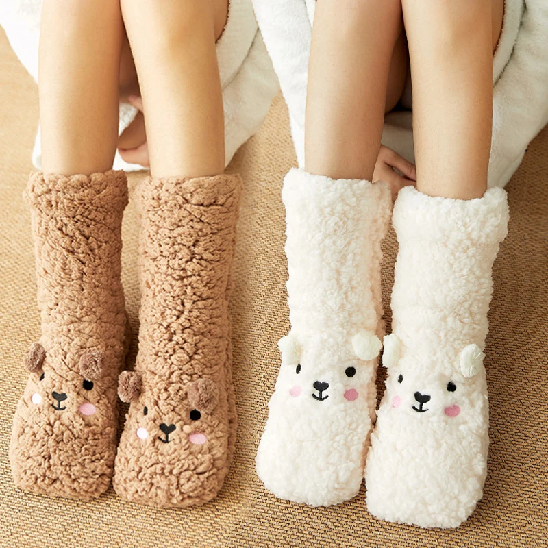 Compre Mulheres inverno quente meias fofas casa chão dormir meias moda  kawaii animal grosso velo fuzzy meias