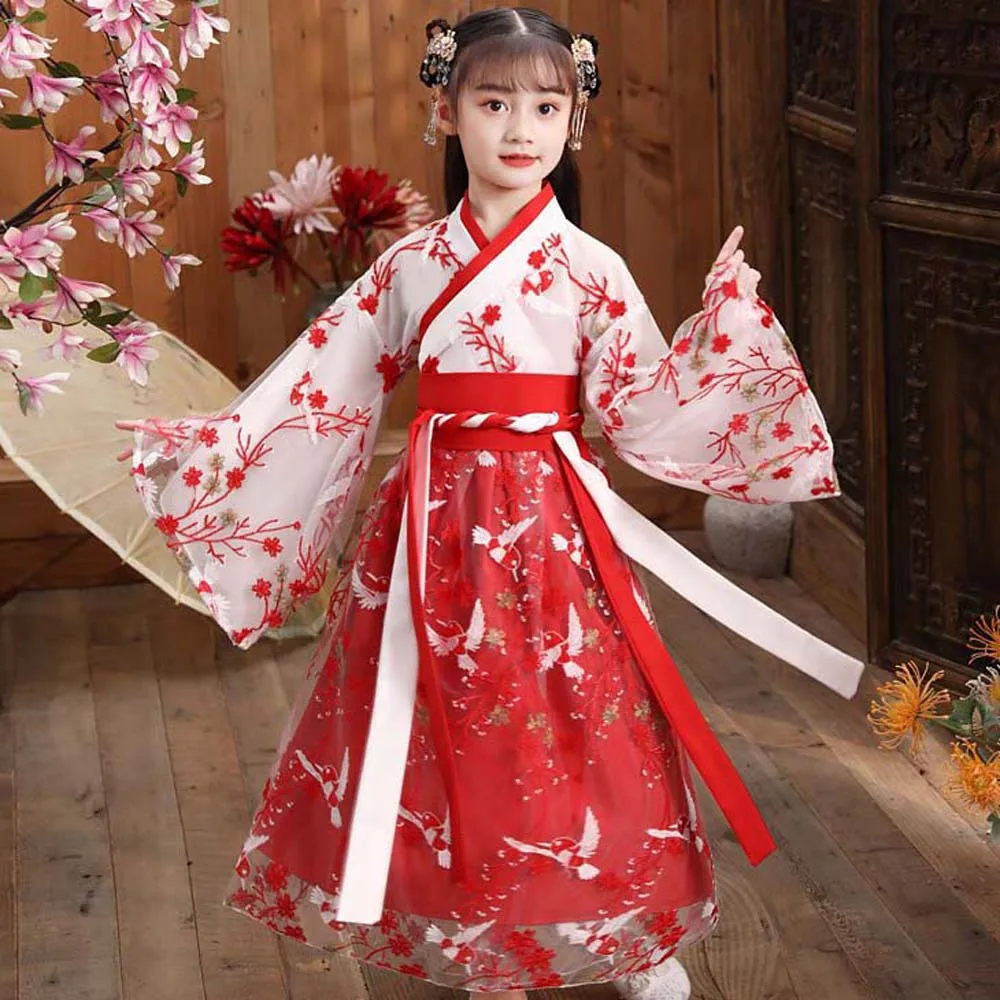 Chinese Traditional Costume Flowers Pattern Chinese Children Girls Hanfu Folk Dance Pink Red Color Chinese Kids Girls Ancient Dress Outfit Ancient