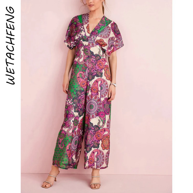 

Floral Leopard Print V Neck Batwing Sleeve Wide Leg Pants Jumpsuits Women 2022 Summer Loose Casual One Piece Outfits Lady Romper