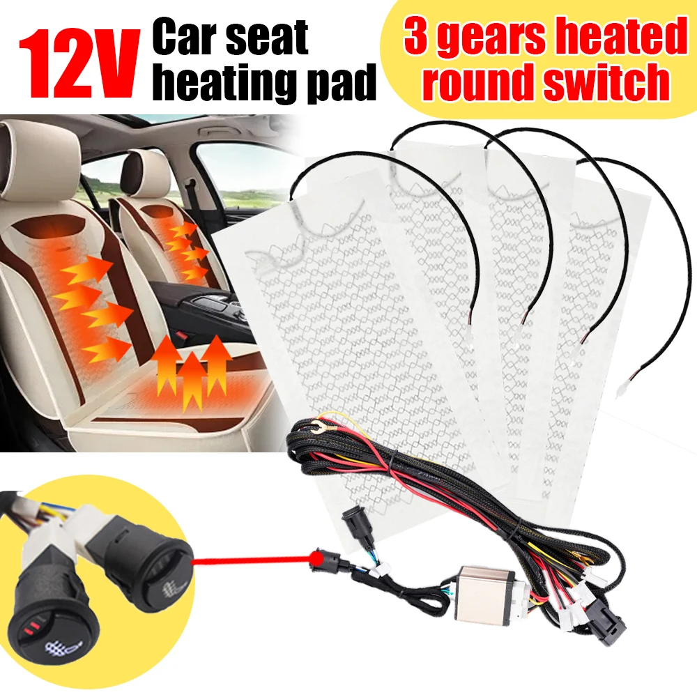 

12V 2 Seats Car Seat Heater Heating Pad Carbon Fiber Round Switch With Sticker For Car SUV RV Winter Warmer Heated White Mats