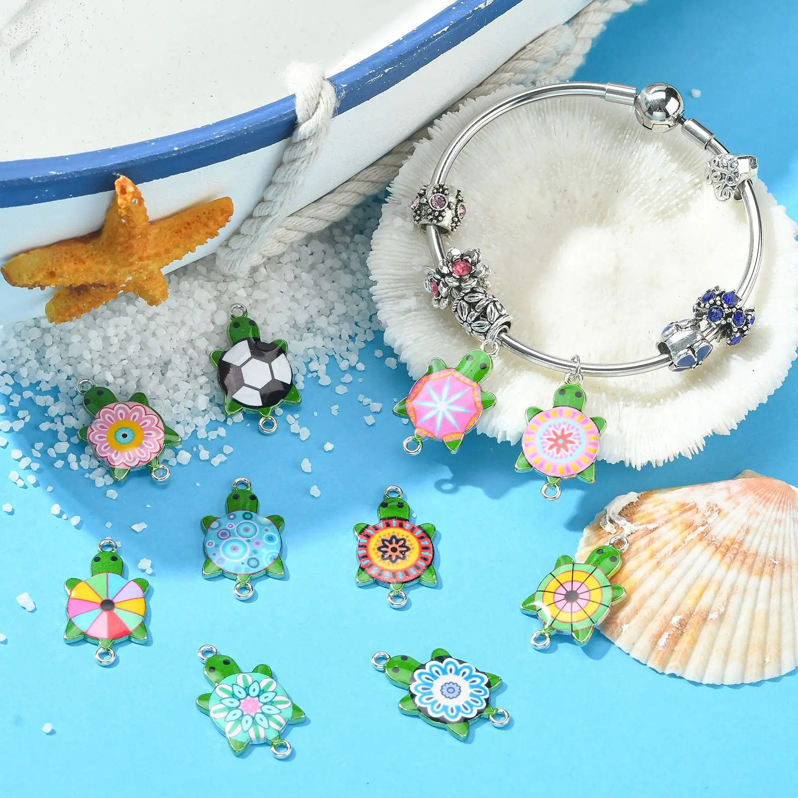 Pandahall 60Pcs Random Color Enamel Sea Turtle Link Double Hole Charms Ocean Animal Tortoise Charms for Craft Jewelry Making DIY
