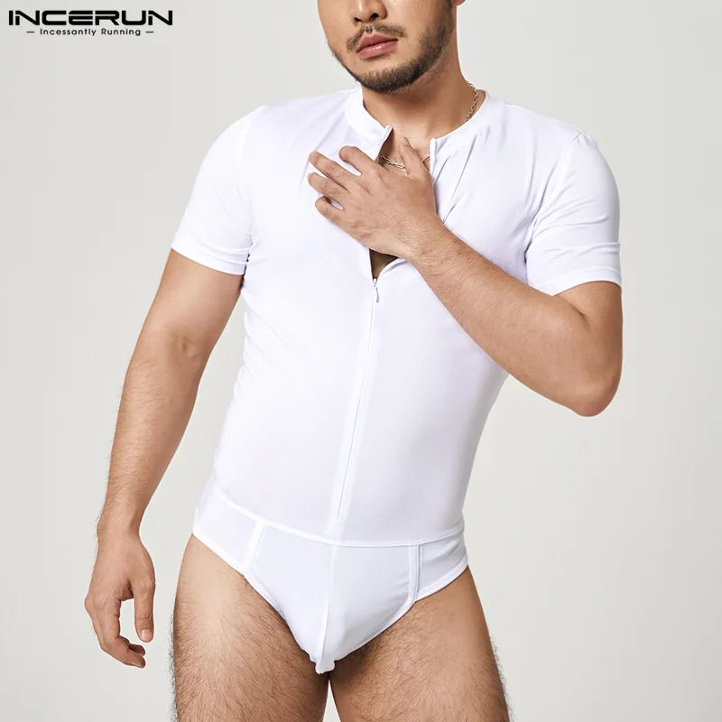 INCERUN Men Bodysuits Solid Color V Neck Short Sleeve Sexy Zipper Underwear Rompers Fitness Cozy Casual Bodysuit S-5XL