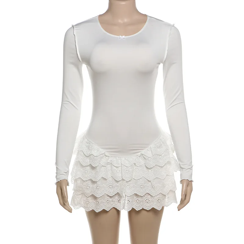 Fantoye Otoño Nuevo Vestido de Encaje con Cuello Redondo para Mujer, Blanco, de Manga Larga y Cintura Alta, Vestido Ajustado Elegante para Fiesta y Club.
