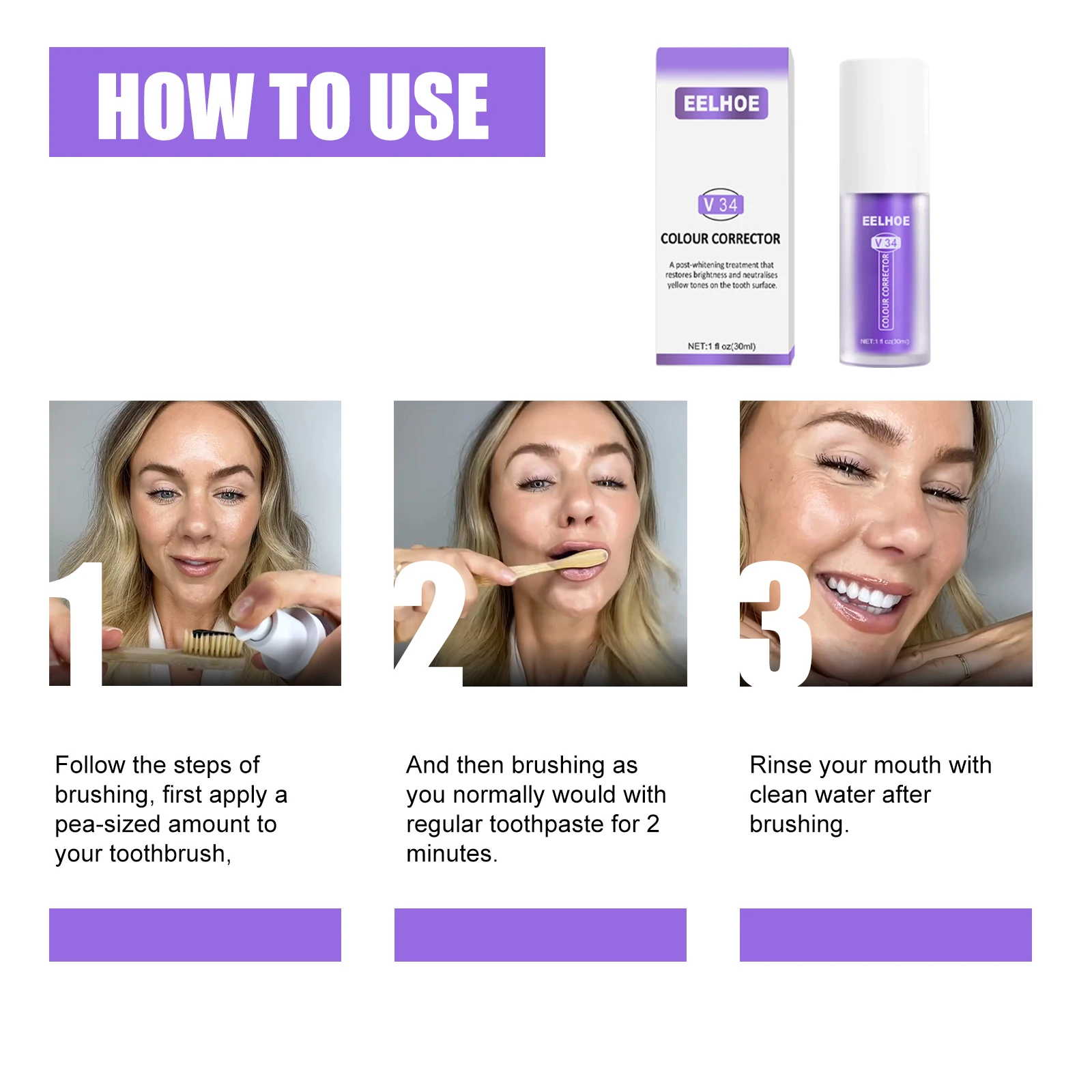 Teeth Whitening Product 30ml V34 Purple Toothpaste Removes Tartar Clean Oral Hygiene Fresh Breath