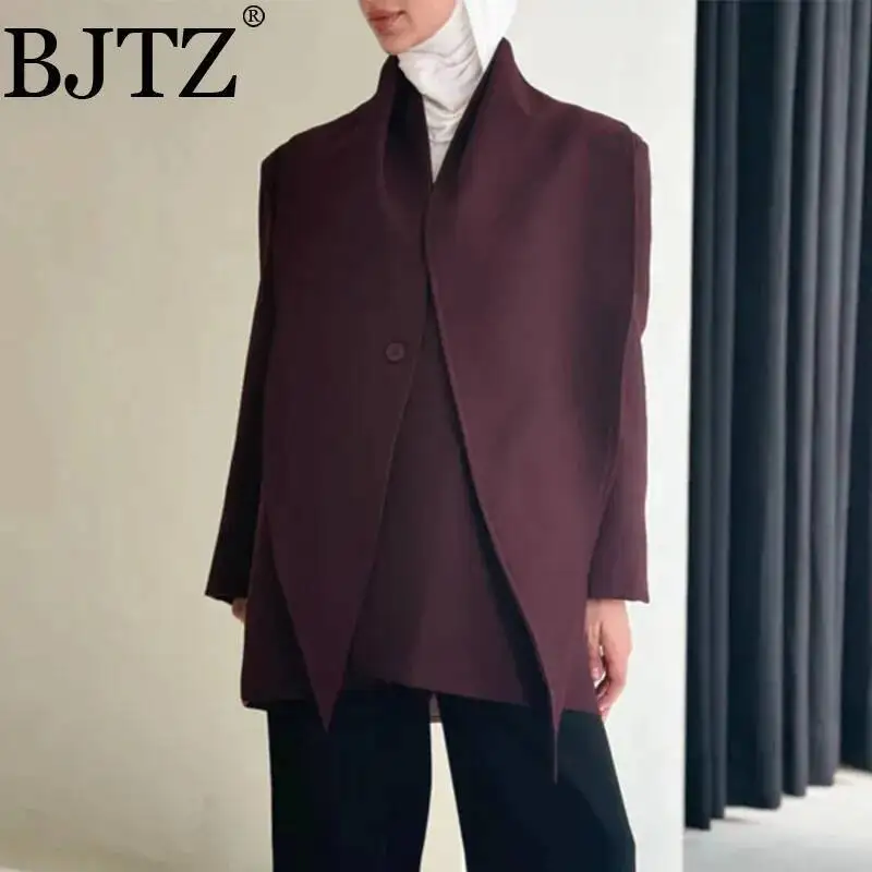 BJTZ femmes col en v Blazer à manches longues Patchwork bouton minceur Blazer femme mode nouveau solide épissé écharpe Streetwear