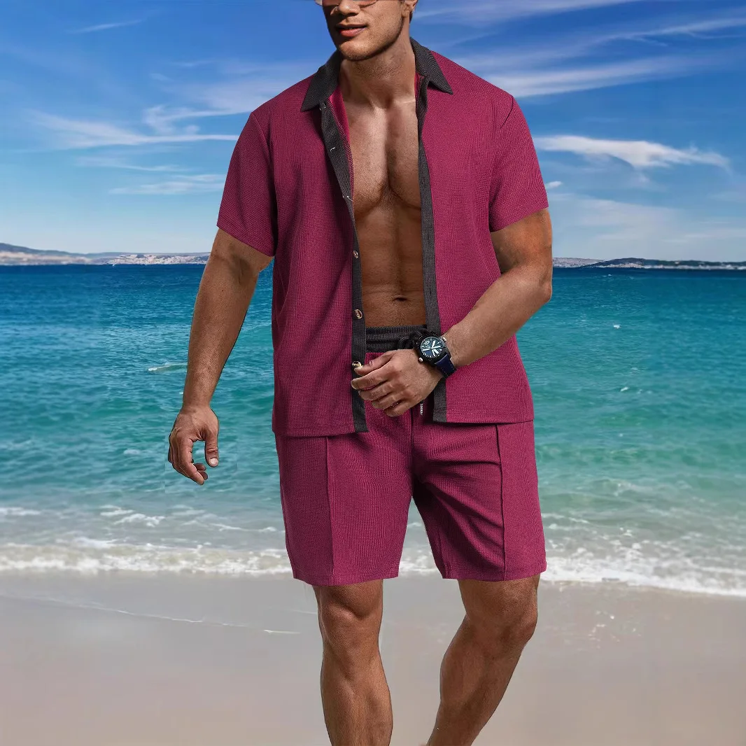 2025 summer men's beach light casual fashion city everything lapel button color shirt short-sleeved shorts set 5