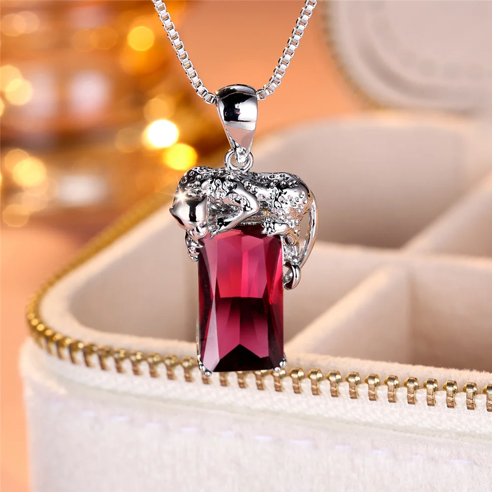 Luxury Female Crystal Green Zircon Stone Sqaure Pendant Necklace Vintage Silver Color Wedding Jewelry For Women